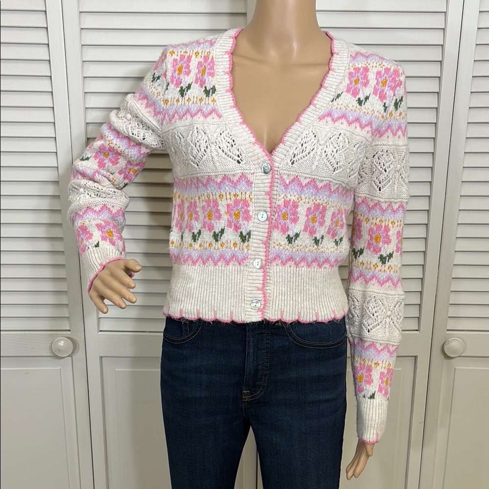 Zara Blogger Fave Floral Jacquard Knit Cropped Cardigan Small - Picture 5 of 14
